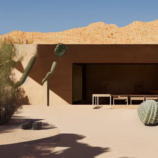 Prompt: desert house made from rammed earth and weathered steel, courtyard with cactus and palo verde trees, photorealistic, detailed, cinematic lighting