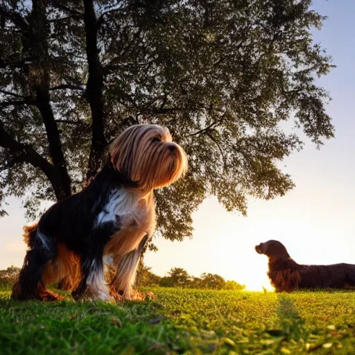 Image similar to a cute mutt who is half long haired dachshund and half shih tzu, brindle, laying under a tree on a farm, golden hour, promised land