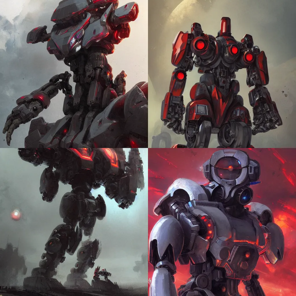 Prompt: A mecha for mario, red accents,Illustration, By Greg Rutkowski,close up,highly detailed