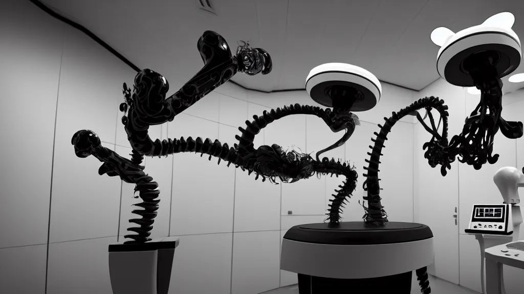 Image similar to a complex bifurcated robotic cnc surgical arm hybrid mri 3 d printer machine making swirling black and white ceramic mandlebulb mutant forms in the laboratory inspection room, film still from the movie directed by denis villeneuve with art direction by salvador dali, wide lens, f 3 2, cinematic lighting, studio quality, smooth render, unreal engine 5 rendered, octane rendered