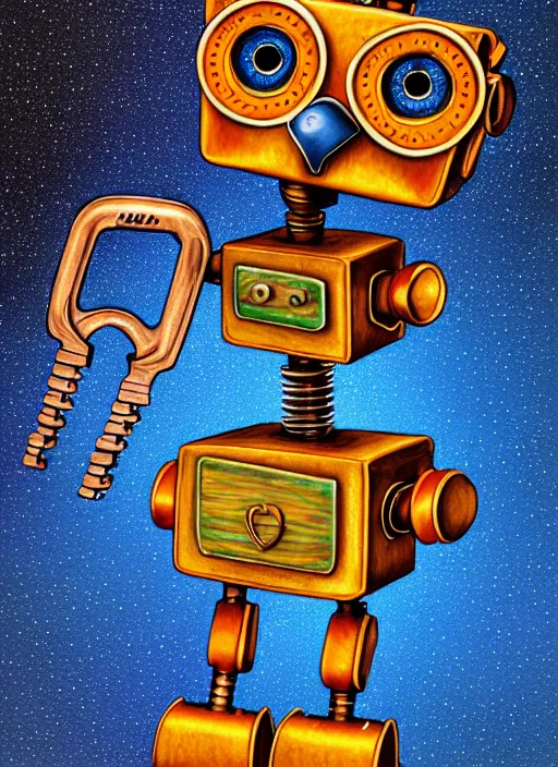 Image similar to colored pencil and pen drawing of an animatronic robot owl, bird made from rusty old keys and padlocks, space background, 8 k photorender realityengine