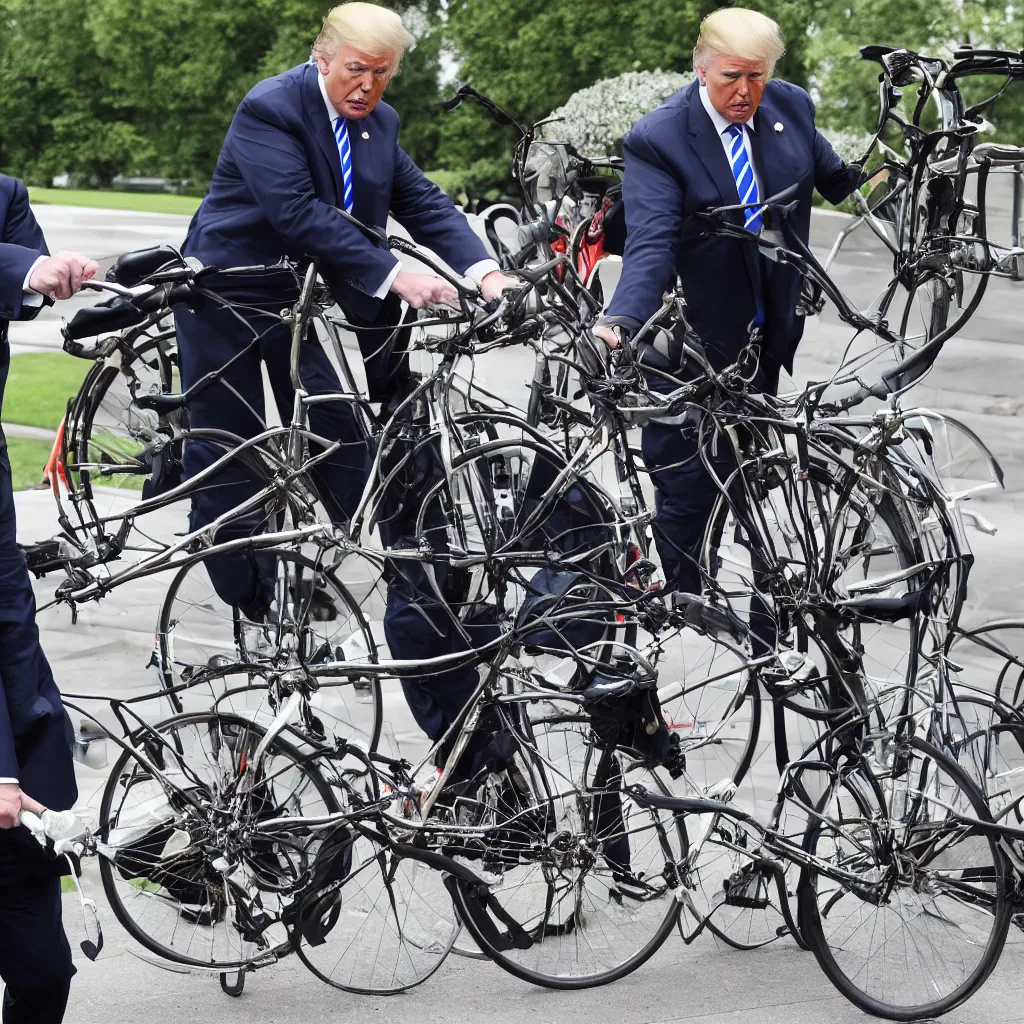 Image similar to trump repairs a bicycle outside the white house