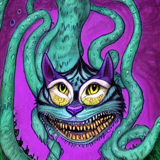 Prompt: The Cheshire Cat as a Lovecraftian Eldritch Horror by Louis Wain artstation unsplash contest winner