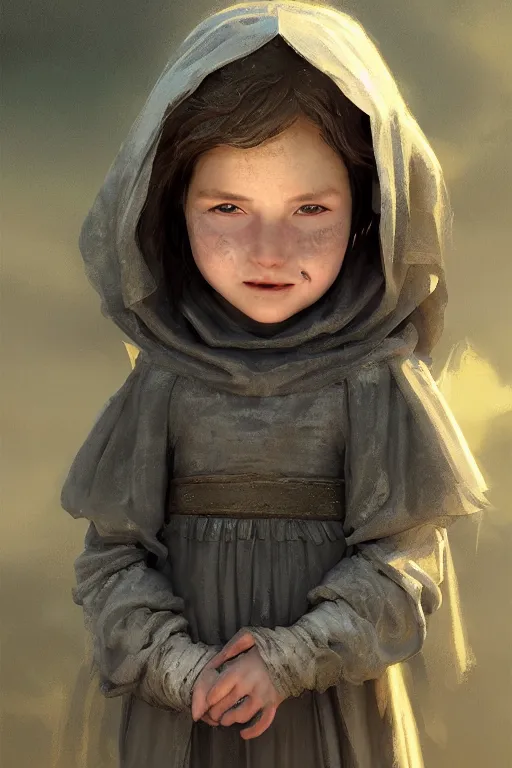 Prompt: medieval little girl, joyful, close-up portrait, intricate, elegant, volumetric lighting, scenery, digital painting, highly detailed, artstation, sharp focus, illustration, concept art, ruan jia, steve mccurry