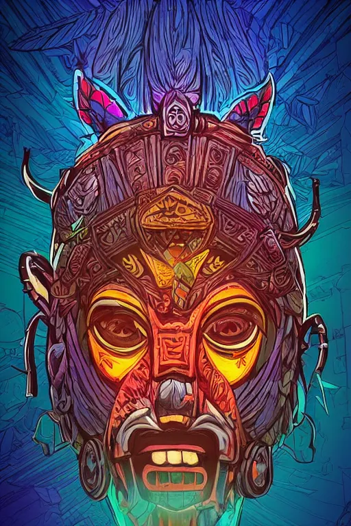 Image similar to totem animal tribal chaman vodoo mask feather gemstone plant wood rock video game illustration vivid color borderlands by josan gonzales and dan mumford radiating a glowing aura global illumination ray tracing