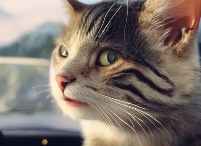 Image similar to A very high resolution image from a new movie, a cat driving a car around, inside of a car , mountains, Polaroid, directed by wes anderson