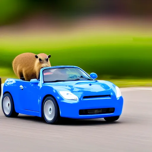 Image similar to A highly detailed photograph of a capybara driving a blue convertible sports car at high speeds