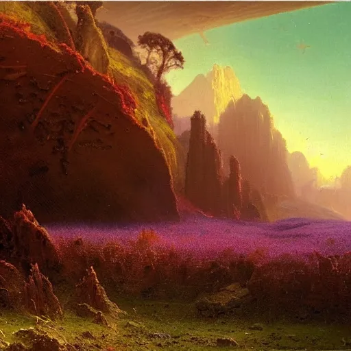 Image similar to A lovely picture of an alien landscape with mycelium aliens by John Berkey, by George Inness, by john Harris, forest made out of mushroom, purple and red and white gradient colour theme, trending on DeviantArt, rendered in blender, 8k resolution, Mountains, no green