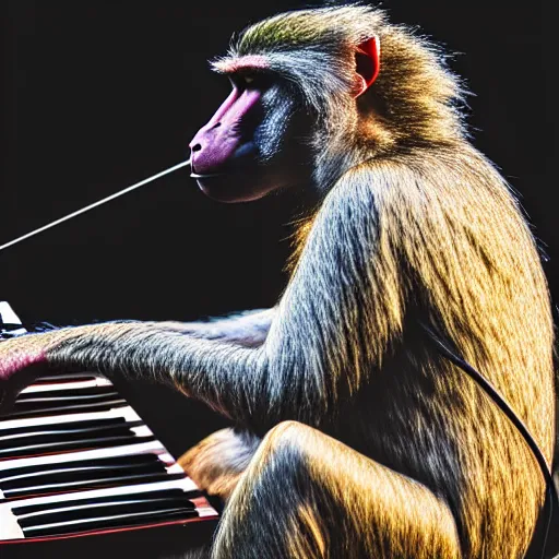 Image similar to photo of a baboon making a DAWless jam, synth, synthesizers, modular synth, jungle