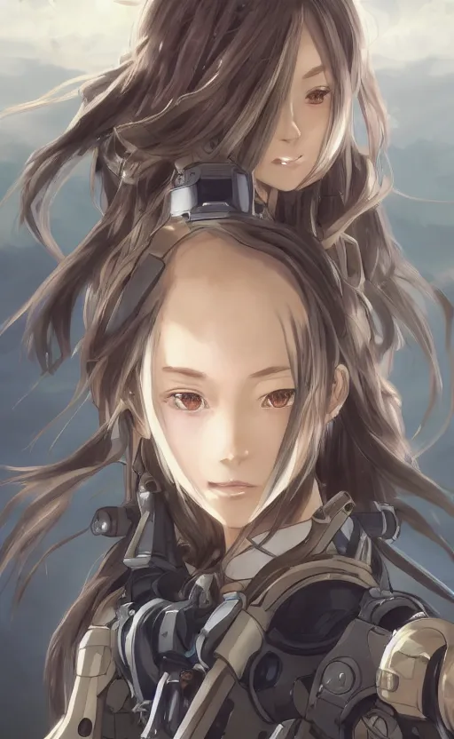 Image similar to girl with tank mecha parts, anime style, long hair, hair down, symmetrical facial features, from arknights, hyper realistic, pale skin, 4 k, rule of thirds, extreme detail, detailed drawing, trending artstation, hd, military gear, d & d, realistic lighting, by alphonse mucha, greg rutkowski, sharp focus, backlit