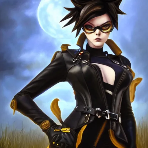 Image similar to oil painting of goth tracer overwatch in a field wearing very large black leather belt choker collar around neck, in style of mark arian, expressive face, very detailed face, very detailed eyes, full body, feminine face, detailed makeup on eyes, tracer overwatch,