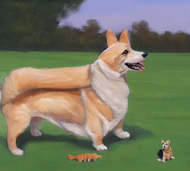 Prompt: oil painting of queen elizabeth riding a corgi like a horse across the lawn of buckingham palace