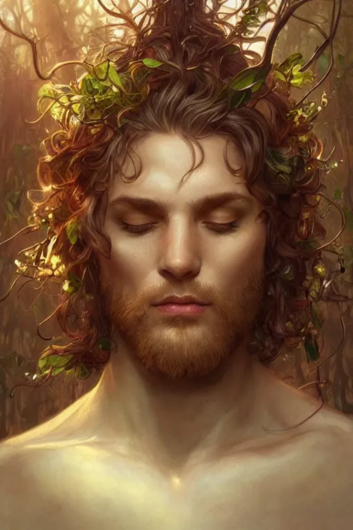 Prompt: up close portrait of a male forest fae, d & d, face, fantasy, intricate, elegant, highly detailed, digital painting, artstation, concept art, smooth, sharp focus, illustration, art by artgerm and greg rutkowski and alphonse mucha