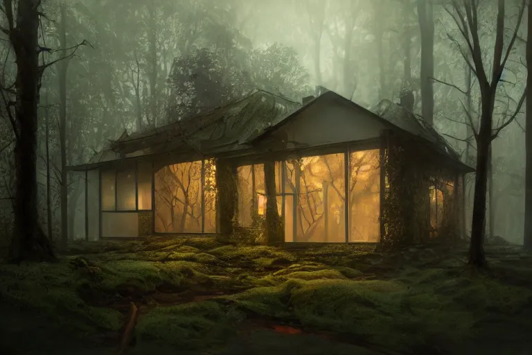 Image similar to a 1 9 5 0 s luminous house in the middle of a dark, gloomy, misty forest enveloped in moss and bark, illustrated by greg rutkowski and gaston bussiere, trending on artstation, intricately defined, complexly detailed, cgsociety contest winner, zbrush, mannerism, 4 k, grim lighting, misty atmosphere