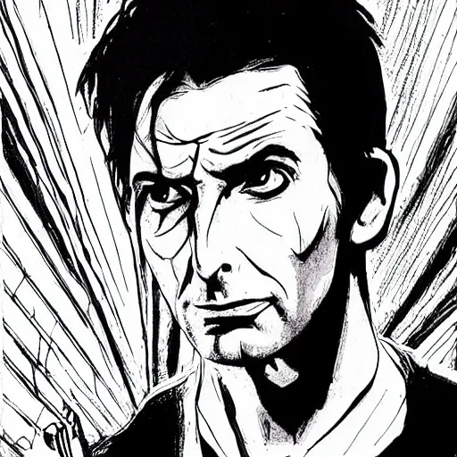 Image similar to David Tennant in Spawn, concept art, illustration in pen an ink, black and white, by  Greg Capullo