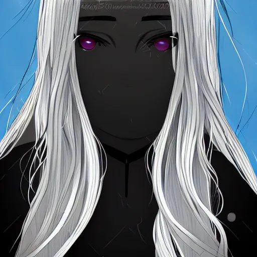 Image similar to young woman with long wavy light silver hair, with blackness instead of eyes, anime