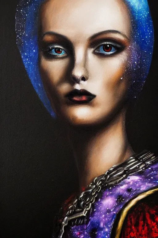 Image similar to hyperrealism oil painting, close - up portrait of punk gothic medieval brunette fashion model, knight, steel gradient mixed with nebula sky, in style of baroque