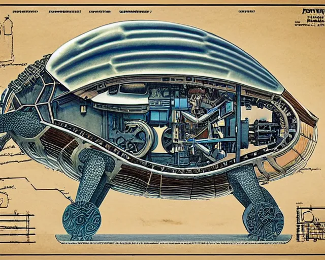 Prompt: a full page of a mechanical blueprint showing a cutaway design for a mechanized turtle from howl's moving castle ( 2 0 0 4 ), with a big head, muted colors, post grunge, studio ghibli, hq,