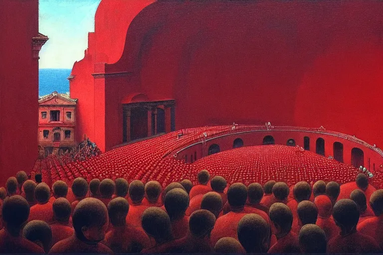 Image similar to only with red, a red great emperor, taormina amphitheatre, expressive crowd with big smile, in the style of beksinski, parts by edward hopper, parts by rodcenko, parts by yue minjun, intricate and epic composition, red by caravaggio, insanely quality, highly detailed, masterpiece, red light, artstation, 4 k