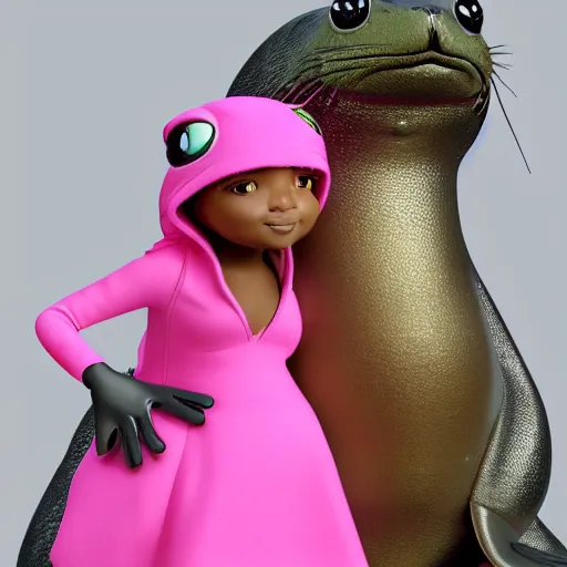 Prompt: a happy sappy seal dressed in a pink dress standing next to a frog warrior with hoodie on, hyperrealistic, extremely detailed, 8 k, octane render, trending artstation