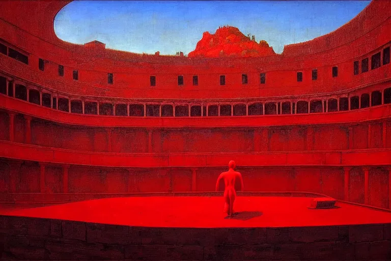 Image similar to only with red, a red melted emperor, taormina amphitheatre, crowd hails him, in the style of beksinski, parts by edward hopper, parts by rodcenko, parts by yue minjun, intricate and epic composition, red by caravaggio, insanely quality, highly detailed, masterpiece, red light, artstation, 4 k