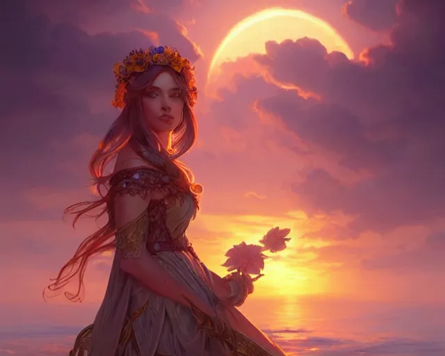 Image similar to a sunset but replace the sun for a flower , D&D, fantasy, intricate, elegant, highly detailed, digital painting, artstation, concept art, matte, sharp focus, illustration, hearthstone, art by Artgerm and Greg Rutkowski and Alphonse Mucha