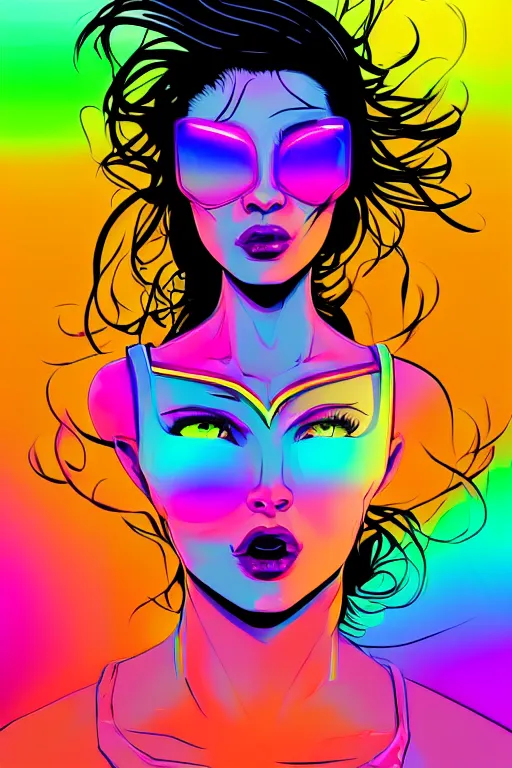 Image similar to a award winning half body portrait of a beautiful woman with stunning eyes in a croptop and cargo pants with rainbow colored ombre hairstyle head in motion and hair flying by josan gonzales, neon outlines, outrun, vaporware, shaded flat illustration, digital art, trending on artstation, highly detailed, fine detail, intricate