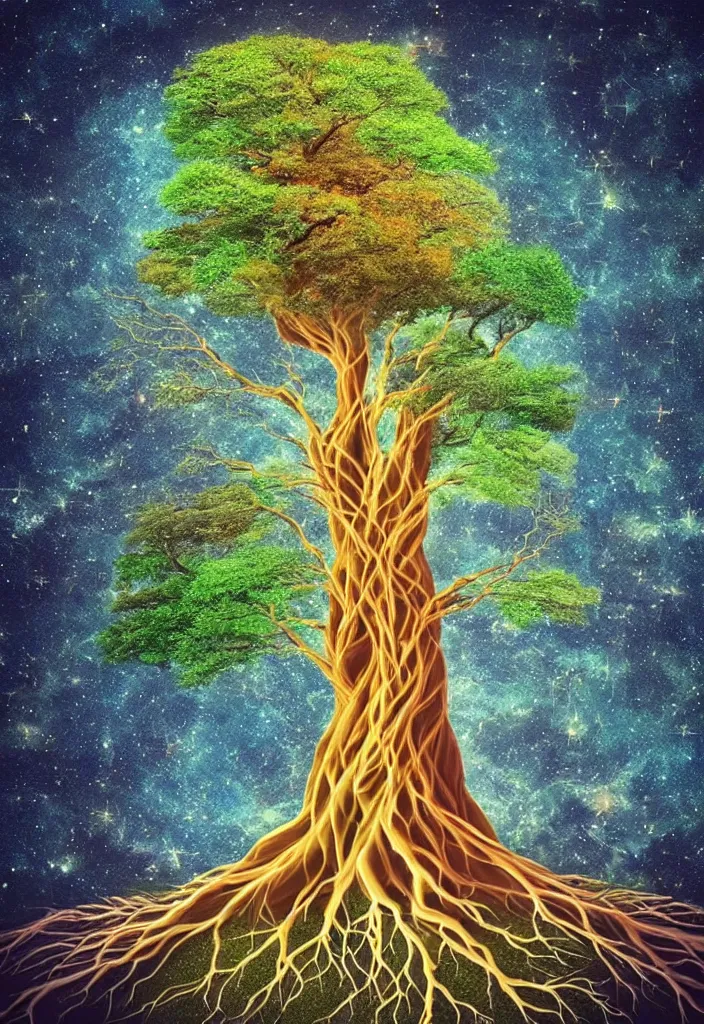 Prompt: that our soul is just one root off a greater tree that climbs high up through the many dimensions and realities, that we are all part of that same tree, we are just here to gather experience, which is the nourishment of our higher collective self