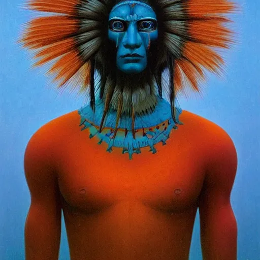 Image similar to symmetric portrait of indigenous warrior, turquoise and orange. realistic. high detail.by zdzisław beksiński