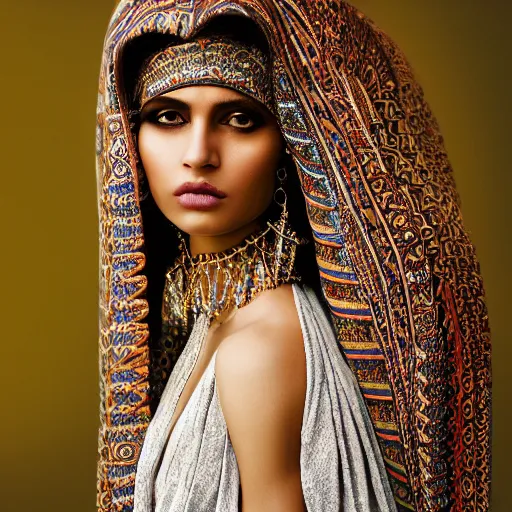 Prompt: portrait of a stunningly beautiful persian tribal female, depth of field, zeiss lens, detailed, symmetrical, centered, fashion photoshoot, by Annie Leibovitz and Steve McCurry, David Lazar, Jimmy Nelsson, Breathtaking, 8k resolution, extremely detailed, beautiful, establishing shot, artistic, hyperrealistic, beautiful face, octane render