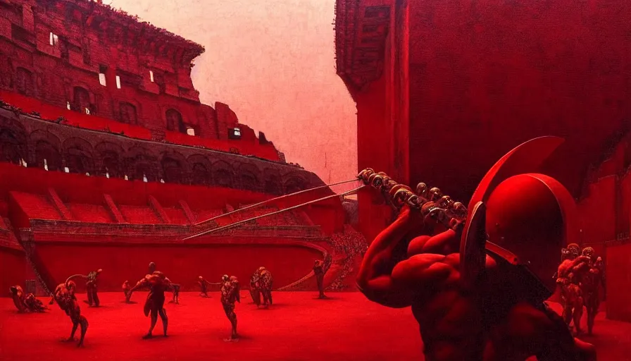 Image similar to only with red, a lightly armored gladiator in a crowded roman amphitheatre, crowd cheering, in the style of beksinski and edward hopper and rodcenko and yue minjun and cory loftis, intricate and epic composition, red by caravaggio, highly detailed, masterpiece, red light, artstation, art nouveau