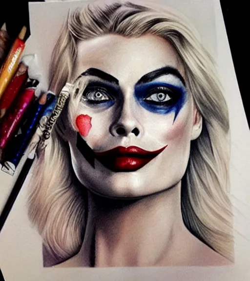 Image similar to tattoo design sketch of beautiful margot robbie portrait with joker makeup, in the style of den yakovlev, realistic face, black and white, realism tattoo, hyper realistic, highly detailed