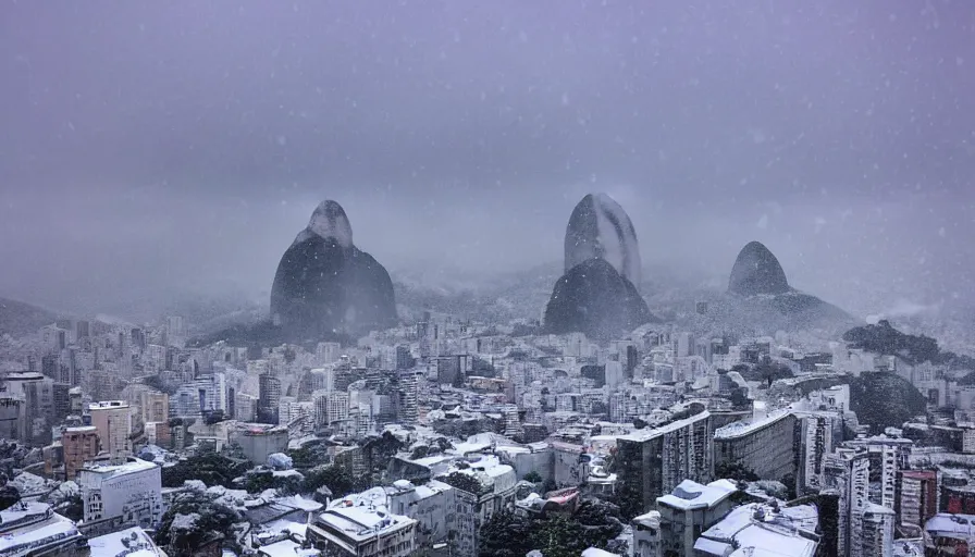 Image similar to the city of rio de janeiro covered in snow, winter photograph, snowing, 4 k, award winning photograph, beautiful, trending on instagram