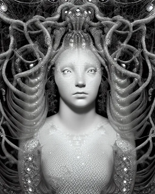 Image similar to surreal mythical dreamy underwater artistic black and white photo of a translucent beautiful young female angelic - medusa - vegetal - doll covered with fish scales, highly detailed, intricate crystal ivy jelly fish scales ornate, poetic, translucent algae ornate, digital art, octane render, 8 k artistic photography, photo - realistic, by dora maar in the style of gustave dore