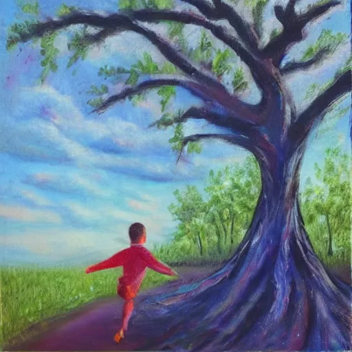 Image similar to “a boy running by a magic tree oil panting”