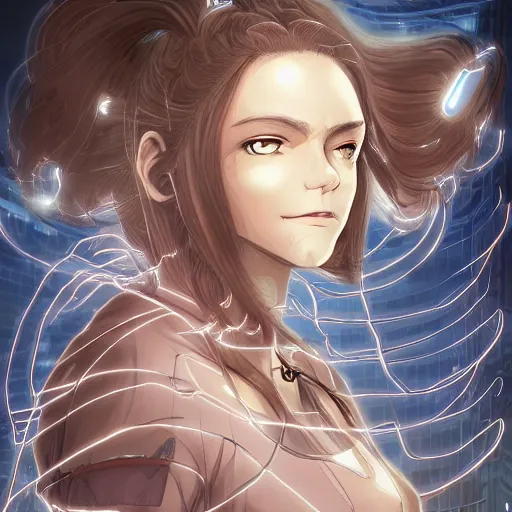 Image similar to Female mage, beautiful face, excited expression, brown flowing hair, symmetrical features, medical background, headshot, cyberpunk, luminescent, wires, cables, gadgets, Digital art, detailed, anime, artist Katsuhiro Otomo