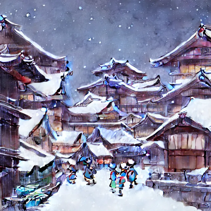 Image similar to japanese rural town, winter, in the style of studio ghibli, j. c. leyendecker, greg rutkowski, artem