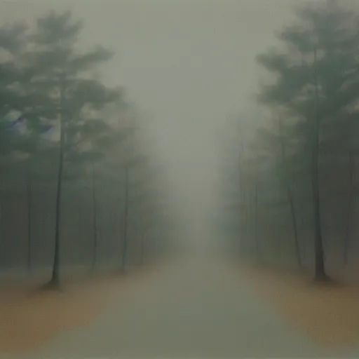 Image similar to foggy pinewood, early in the morning, painting by Andy Warhol