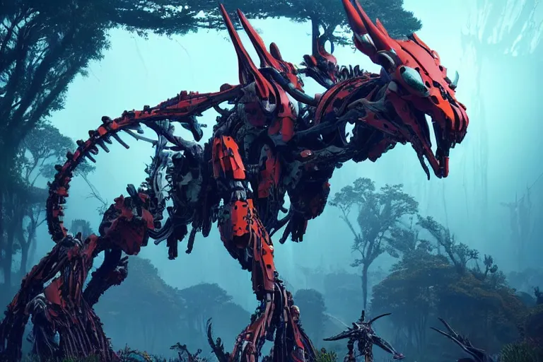 Image similar to a hyper detailed fanghorn evangelion realistic mechanical and organic creature similar look as horizon forbidden west horizon zero dawn, bioluminiscence in a dark deep forest at dawn in spring, with reflection and textures, by kilian eng, substance painter reaslitic mech surface metal painted scratches,