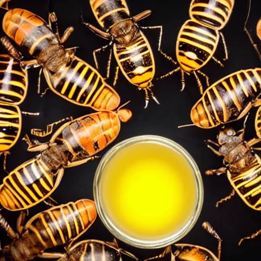 Image similar to insects at a party drinking honey and milk.