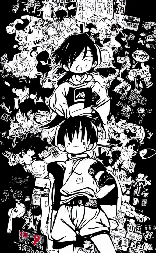 Image similar to manga, monochrome, toriyama akira, portrait of a girl character, modern clothing, sneaker shoes, pop fashion, red shirt, arcade cabinet