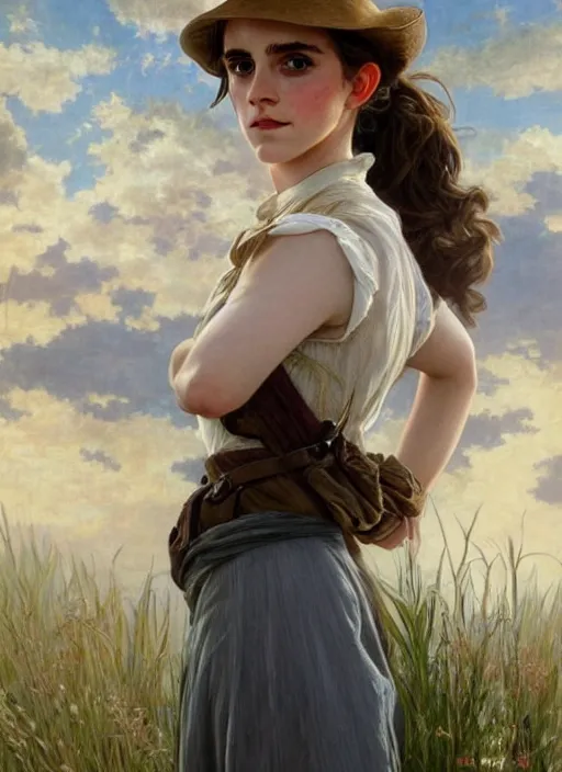 Image similar to portrait emma watson as 21th century country girl, full length shot, shining, 8k highly detailed, sharp focus, illustration, art by artgerm, mucha, bouguereau