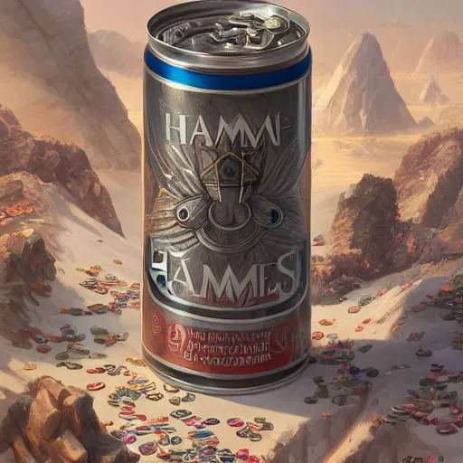 Image similar to can of hamms, highly detailed, d & d, fantasy, highly detailed, digital painting, trending on artstation, concept art, sharp focus, illustration, global illumination, shaded, art by artgerm and greg rutkowski and fuji choko and viktoria gavrilenko and hoang lap