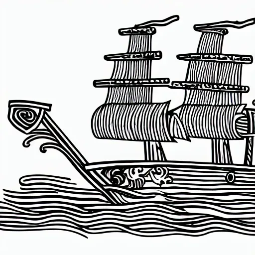 Prompt: Pirate ship at sea. Clean svg drawing, or with well-defined line, coloring-in sheet style