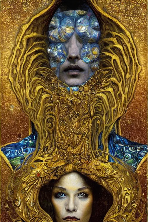 Image similar to The Misericorde by Karol Bak, Jean Deville, Gustav Klimt, and Vincent Van Gogh, otherworldly, fractal structures, arcane, prophecy, ornate gilded medieval icon, third eye, spirals