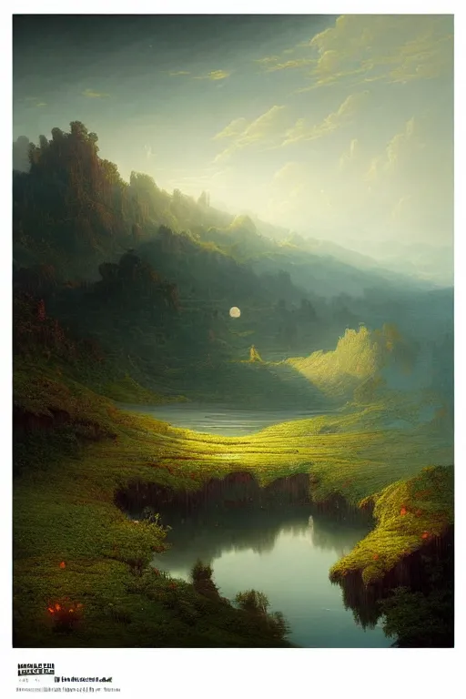 Prompt: Hyper detailed digital matte painting, hills, lake, tranquil, fantasy,serene and epic painting of Somber Beauty and Graceful Vibrancy by Benoit B. Mandelbrot, Martin Johnson Heade, Lee Madgwick, and Caspar David Friedrich, colorful, 4k,Trending on artstation,