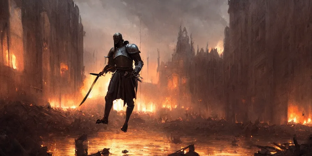 Image similar to a painting of a cinematic keyframe of a medieval knight warrior with his sword walking into a destroyed medieval town, with fire by greg rutkowski, rule of thirds, golden ratio, ambient lighting, wlop, artgerm, artstation, highly detailed masterpiece, dark fantasy art, high detail, trending on artstation