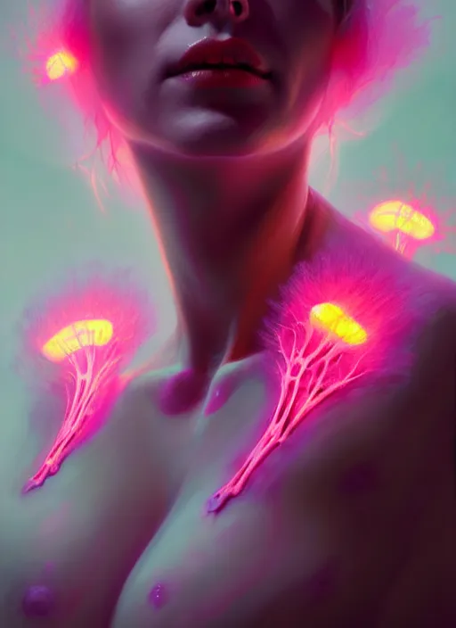 Prompt: portrait female posing sensual figure x - ray, skeletal, glowing veins under translucent skin, highly detailed skin, among neon bed of flowers, windy, stormy sky, bioluminescent, plasma, greg rutkowski, 8 k trending on artstation,