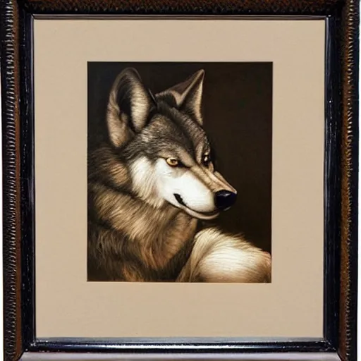 Image similar to realistic wolf fursuit, naturalistic oil painting by michelangelo merisi da caravaggio, chiaroscuro