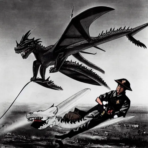 Prompt: WW2 photo of Japanese dogfighters fighting a giant Oriental Dragon, Colorized.